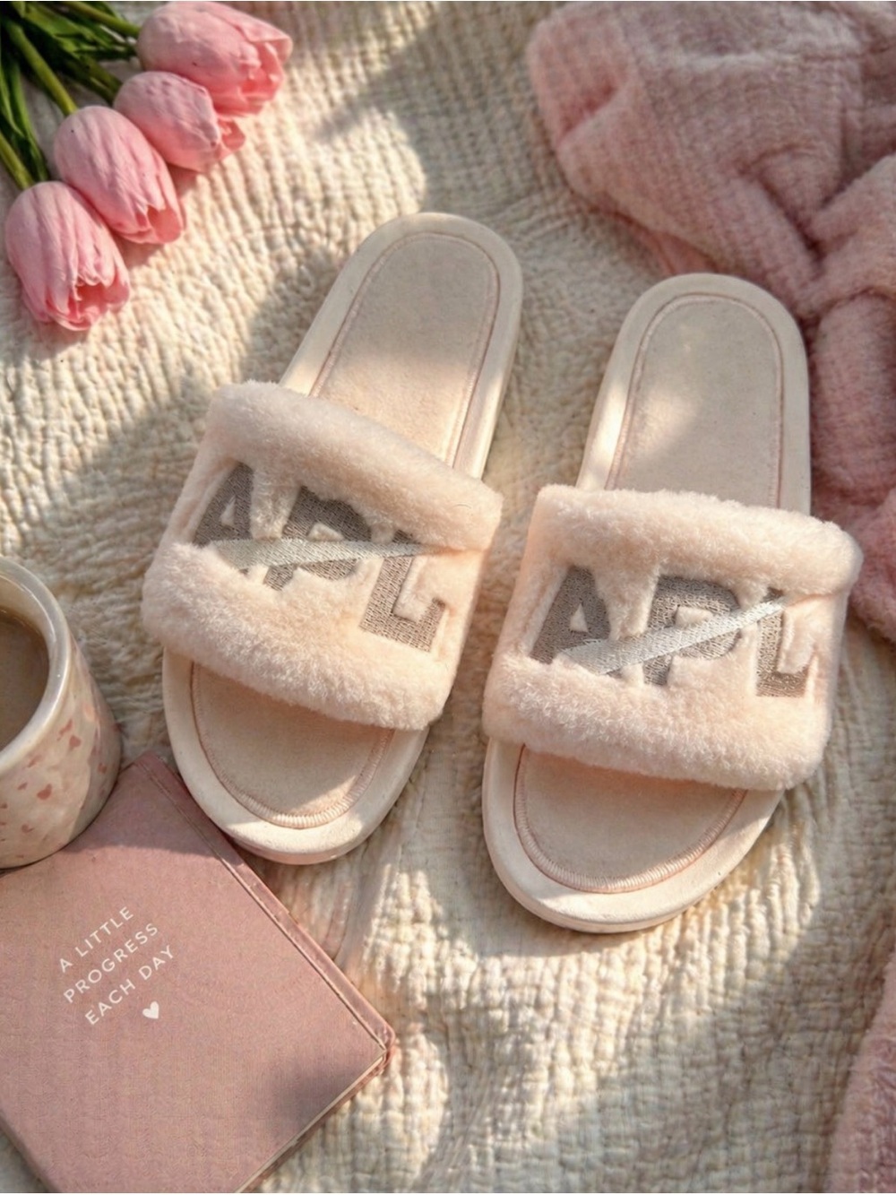 Athletic Propulsion Labs (APL) Women's Shearling Slides in pink